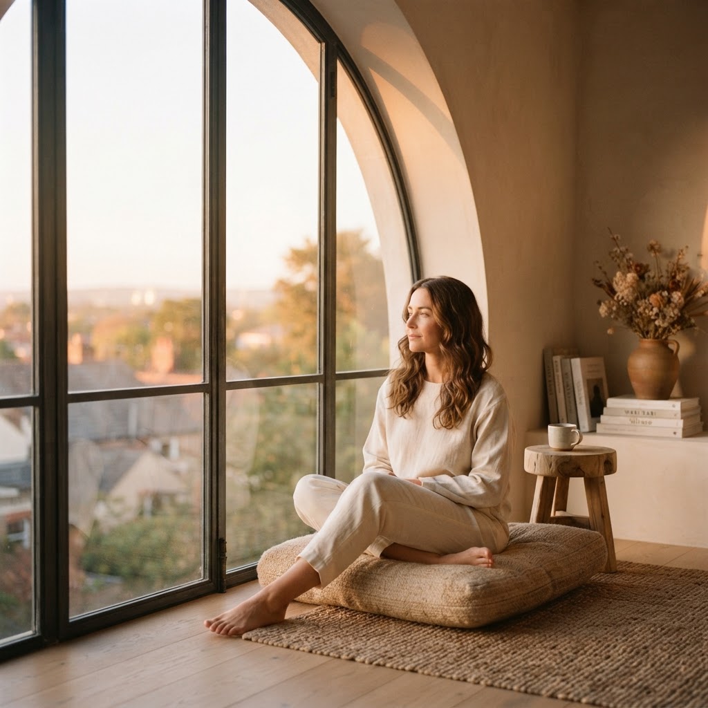 Woman sitting calmly by a window